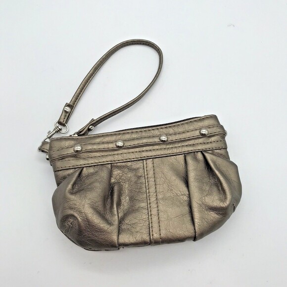 Gold Faux Leather Wristlet Purse Zip Closure Studs Lined Evening Bag Clutch - Picture 1 of 6